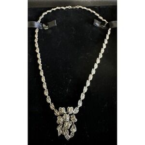 Vintage .925 Sterling Silver Marcasite Flower‎ Pendant Choker 17" Necklace NF